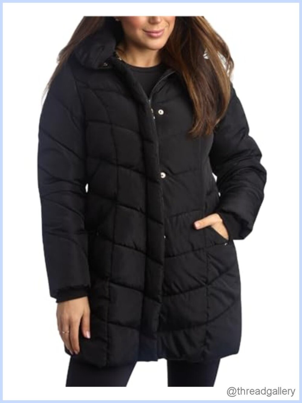 Womens Midweight Insulated Long Parka Jacket Chevron Quilted Hooded Winter Coat